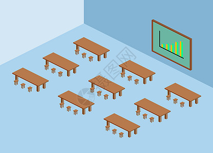 带绿色黑板和图表图的棕色桌椅图片