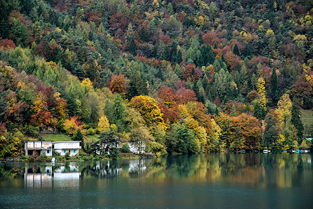 Lago dIdro 秋季视图假期黄褐色树木风景海岸线场景旅行游客蓝色支撑图片