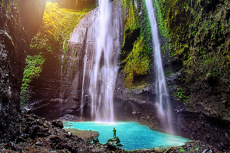 马达卡里浦拉 瀑布是爪哇和热带丛林叶子假期植物运动木头旅行荒野旅游图片