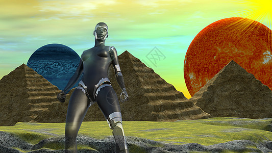 机器人在一个遥远的世界里 有两个行星和埃及风格的金字塔图片