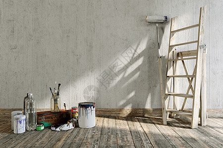 带有标识位置的内室内艺术修复概念构成 包括标志地点风格工具木头墨水刷子帆布楼梯建筑打印工作图片