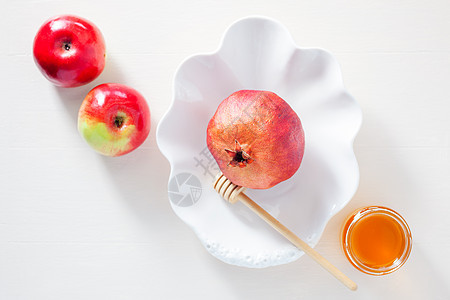 的苹果 石榴和蜂蜜卡片仪式号角桌子庆典文化乡村食物假期水果图片