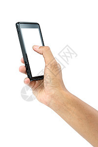 男性用手触摸移动智能手机 与剪片隔绝p电子白色电话工具触摸屏互联网小路商业剪裁通讯器图片