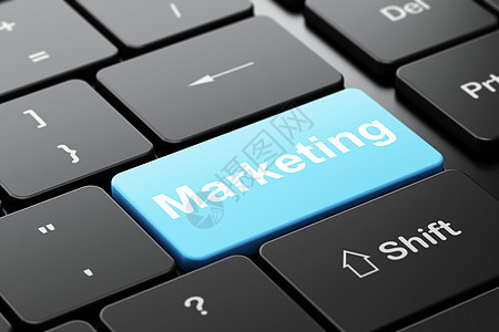 营销概念 在计算机键盘背景上进行营销网络广告公关市场社区活动战略蓝色按钮产品图片