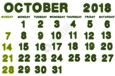 2018 年 10 月的日历 白色背景 3d 渲染 gree办公室公司横幅时间日记日程商业绿色假期图片