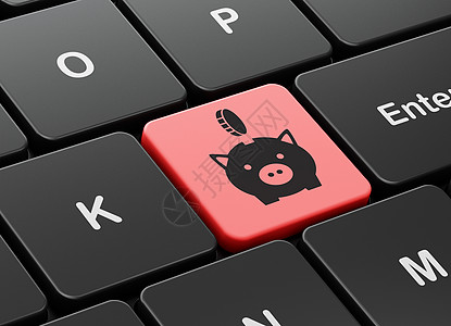 计算机键盘背景上有硬币的货币概念存钱罐成功库存现金储蓄技术预算盒子利润银行渲染图片