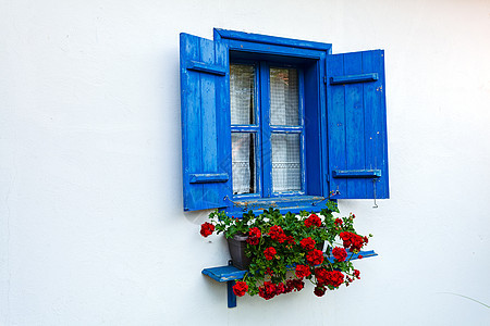 旧房子的蓝色门窗窗户传统花园村庄花朵旅游历史森林小屋木头图片