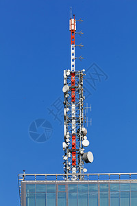电讯天线盘子中继器建筑学反射车站微波控制板细胞技术蓝色图片