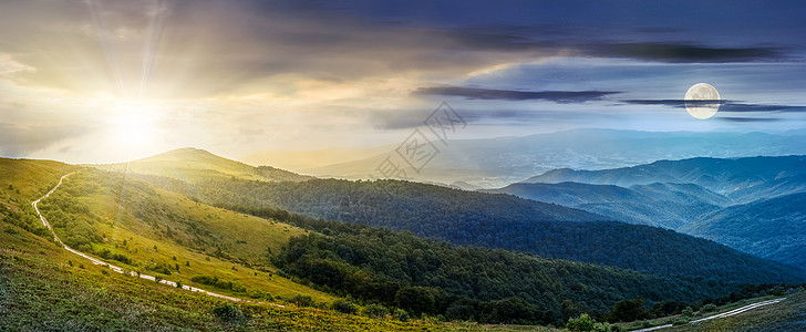 山上山丘的山坡全景魔法环境旅游蓝色小路过渡月亮太阳爬坡天空图片