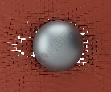 砖墙洞中的一个金属球进步自由3d红色工业力量建造碰撞石头建筑学图片