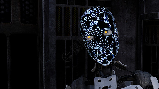 在黑暗的 roo 中的未来派机器人3d技术力学虚拟现实蓝色渲染小说机器网络人工智能图片