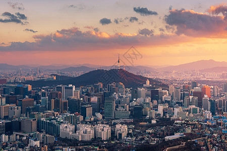 韩国首尔市天际日落旅行景观地标场景建筑物风景商业市中心办公室城市图片