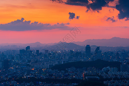 韩国首尔市天线场景城市市中心风景景观地标旅行日落商业建筑物图片