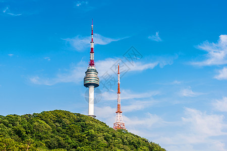 韩国南韩首尔南山南桑塔天际反射建筑学旅行城市风景地标景观场景图片