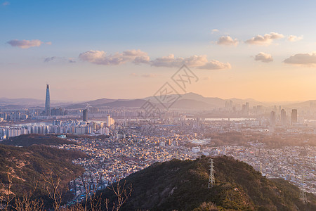 韩国首尔市天际日落天线城市景观全景建筑物旅行办公室场景地标商业图片