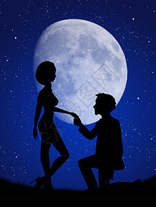 男人在月光下向女人求婚戒指女士卡通片蜜月月光婚礼夫妻插图月亮恋人图片