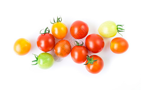 白色背景的新鲜彩色樱桃西红柿 生菜和饮食植物营养农业食物蔬菜宏观烹饪叶子水果图片