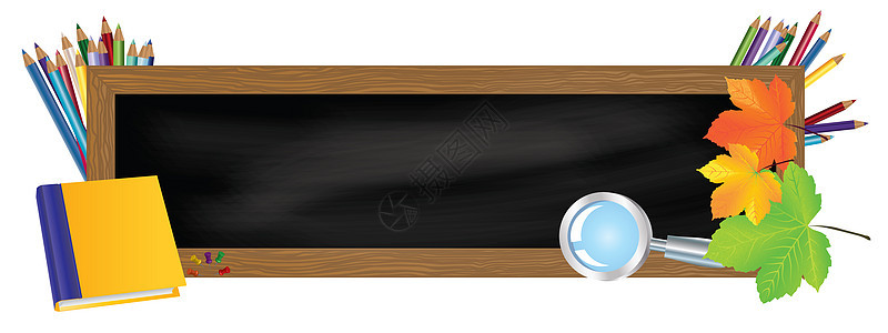 回到学校 有学校用品和秋叶的黑书桌木板桌子知识教育补给品黑板插图学生绿色绘画背景图片