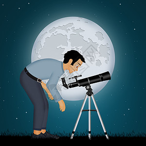 人类用望远镜看月亮天文学行星三脚架星星探索插图天空男人科学星系图片