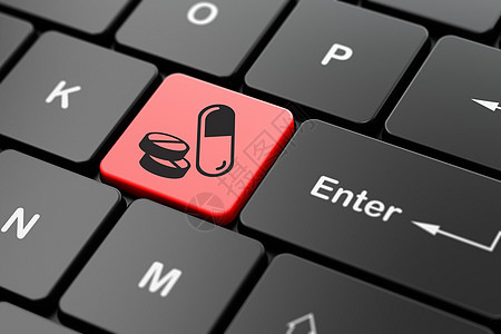 计算机键盘背景上的健康概念丸公司药品生活药物研究医院疾病治愈3d钥匙图片