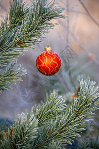 新年的球挂在森林里圣诞树枝上的树枝上庆典云杉雪花针叶风格装饰品装饰数字木头礼物图片