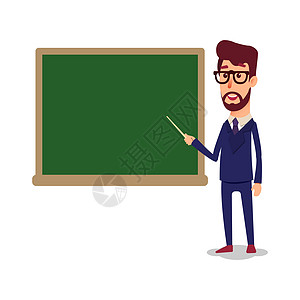 教室里靠近黑板的老师正在上课 大学里一位年轻的教授正在讲课 一个留着胡子的人用教鞭教书男性班级课堂卡通片快乐艺术成人工作指针教育图片