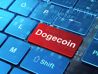 Blockchain 概念 Dogecoin 在计算机键盘背景上电脑交换渲染金融蓝色钱包技术密码市场货币图片