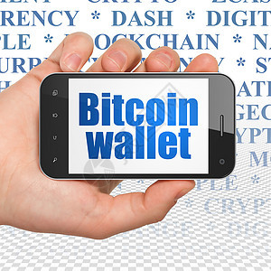 Blockchain 概念手拿着智能手机与比特币钱包上显示图片