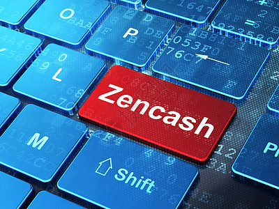 Blockchain 概念 Zencash 在计算机键盘背景上银行业电脑钱包生长市场硬币蓝色渲染3d钥匙图片