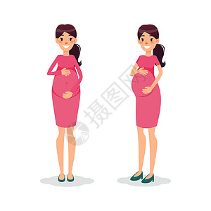 孕妇快乐的公寓女郎 未来的妈妈卡通人物 期待的母亲装扮艺术肚子腹部生活插图父母女士怀孕婴儿母性图片