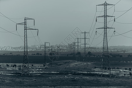 带电线的高压电极线条危险活力天空力量电气车站建造工业蓝色图片