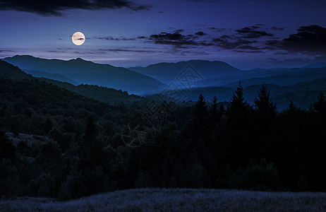 夜里满月在森林山上升起图片