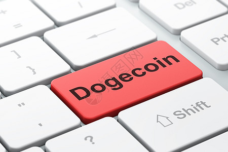 Blockchain 概念 Dogecoin 在计算机键盘背景上电脑网络3d渲染现金笔记本交换硬币市场钥匙图片