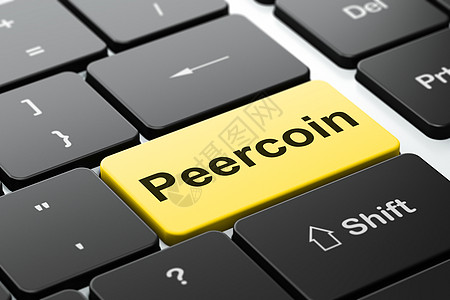 Blockchain 概念 Peercoin 在计算机键盘背景上图片