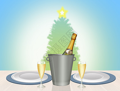 圣诞晚宴加红酒庆典新年瓶子眼镜盘子背景图片