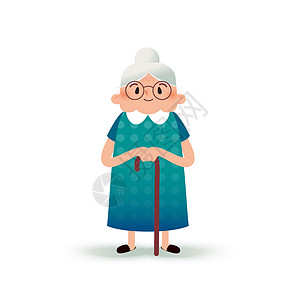 带拐杖的卡通快乐祖母 戴眼镜的老女人 白色背景的平面图画 有趣的奶奶公民卡通片眼镜甘蔗成人女性衰老家庭头发长老图片