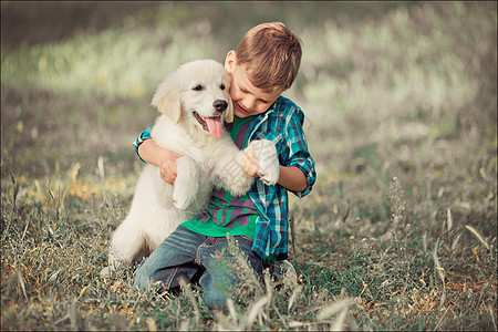 可爱帅气的蓝眼睛男孩在户外玩耍 带着令人惊叹的白色粉红色拉布拉多猎犬小狗 享受夏日阳光明媚的假期周末 充满快乐 快乐的微笑孩子和图片