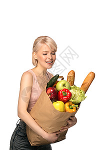 拥有杂货购物袋的妇女零售绿色女孩购物蔬菜微笑面包饮食食物胡椒图片