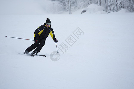 滑雪车在脚上下坡男人冻结乐趣娱乐运动季节滑雪者森林蓝色假期图片