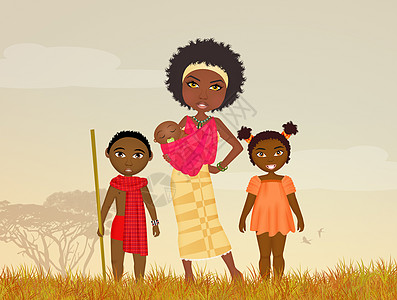 黑人妇女及其子孙母亲女孩家庭马赛人文化新生部落丛林婴儿孩子图片