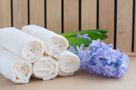 木本底的比格浴巾和新鲜紫罗兰香肠 Spa概念卫生吸收闲暇肥皂紫色旅行紫外线温泉洗衣毛巾图片