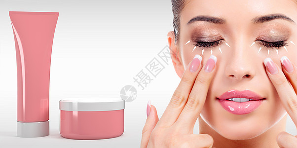 妇女用手指 化妆品管和罐子按摩脸部箭头化妆品润肤身体女性护理管子卫生瓶子皮肤图片
