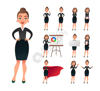 漂亮的女商务人士工作字符集 在办公室工作情况下成功的企业家女士 自信的年轻经理在工作场所职场女士女孩工具管理人员女性药片超级英雄图片