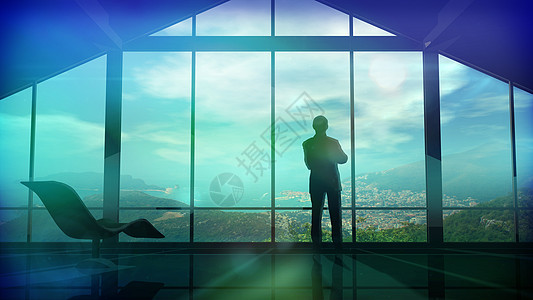 在大窗户前的大型办公室里 男人们城市景观电脑消费者蓝色管理人员老板战略创新金融图片