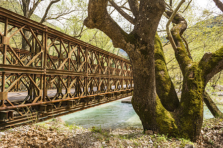 一座金属桥横跨山河旅游国家风景季节叶子建筑学运输木头树木旅行图片