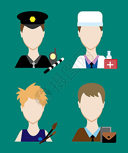 职业警察 医生 艺术家 商务人士 面部穿制服的男子 公寓设计中的神通人士专家法律医师工人用户商务男人工作帽子图片