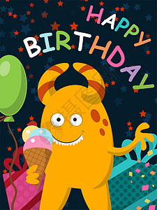 带冰淇淋的有趣的黄色怪兽庆祝生日 贺卡图片