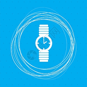 蓝色背景上的手表图标 周围有抽象圆圈并放置文本图片
