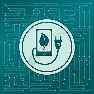 充电生态电源 usb 电缆连接到绿色背景上的电话图标 箭头指向不同的方向 它出现在电子板上图片