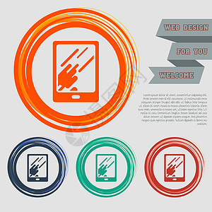 在您的网站和设计空间文本的红色蓝色绿色橙色按钮上反射光图标的平板电脑图片